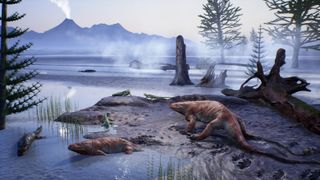 Reconstruction of a Permian scene with tetrapods walking on a lakeshore and swimming in the water. A volcano spews gas in the background.